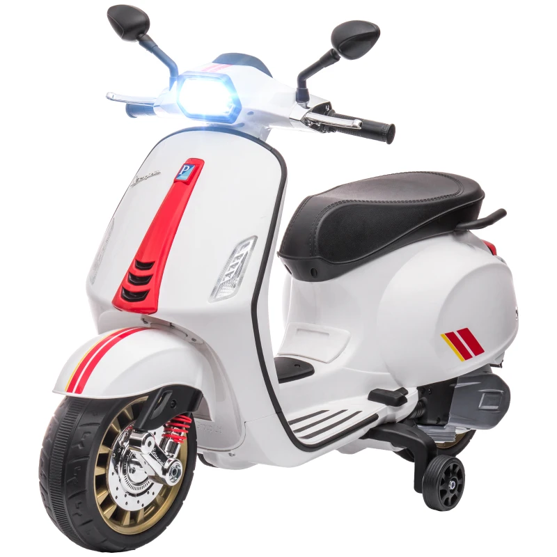 AIYAPLAY Motocicletă electrică pentru copii, licență Vespa, cu roți ajutătoare, far și muzică, din PP și metal, 107x47x73 cm, albă