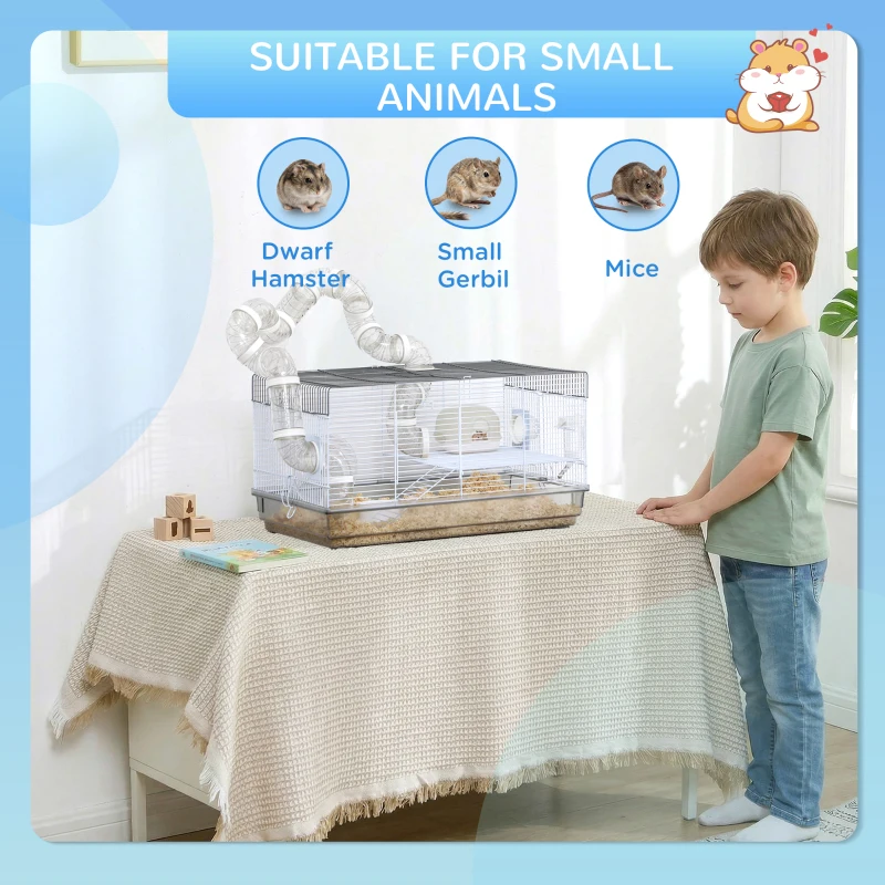 PawHut Cage hamster cage rongeur avec tunnel et accessoires inclus fil d'acier 58 x 32 x 31 cm gris