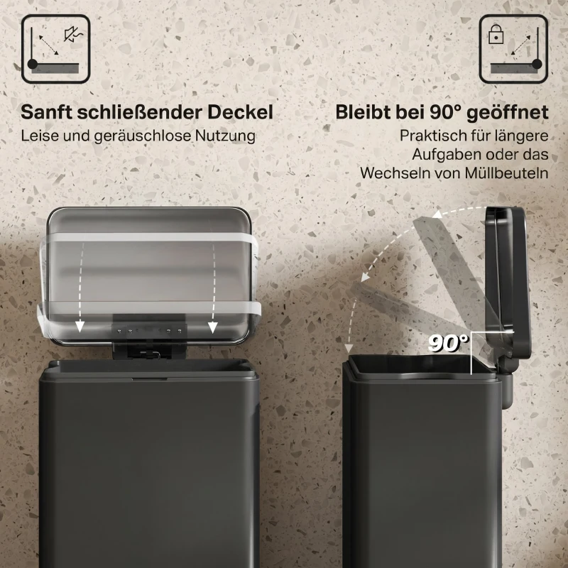 HOMCOM Pedaalemmer 20 liter met softclose-deksel, pedaal en uitneembare binnenemmer, matzwart, 34,2 x 30,6 x 44,2 cm