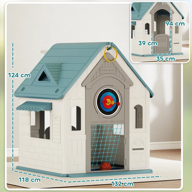 AIYAPLAY Casita Infantil Exterior e Interior 5 en 1 con Lanzamiento de Aros Baloncesto Fútbol Dardos para Niños +2 Años Beige