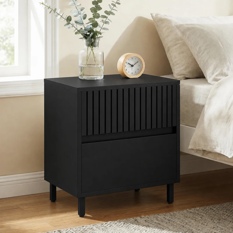 HOMCOM Bedside Cabinet, Bedside Table with 2 Drawers, Storage and Steel Legs for Bedroom, Living Room, Black