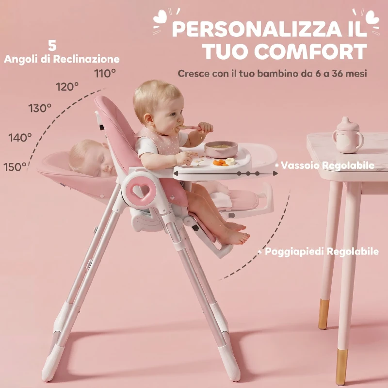 AIYAPLAY Seggiolone Pappa Pieghevole per Bambini 6-36 Mesi con Altezza Regolabile, Doppio Vassoio Lavabile, Ruote, Rosa