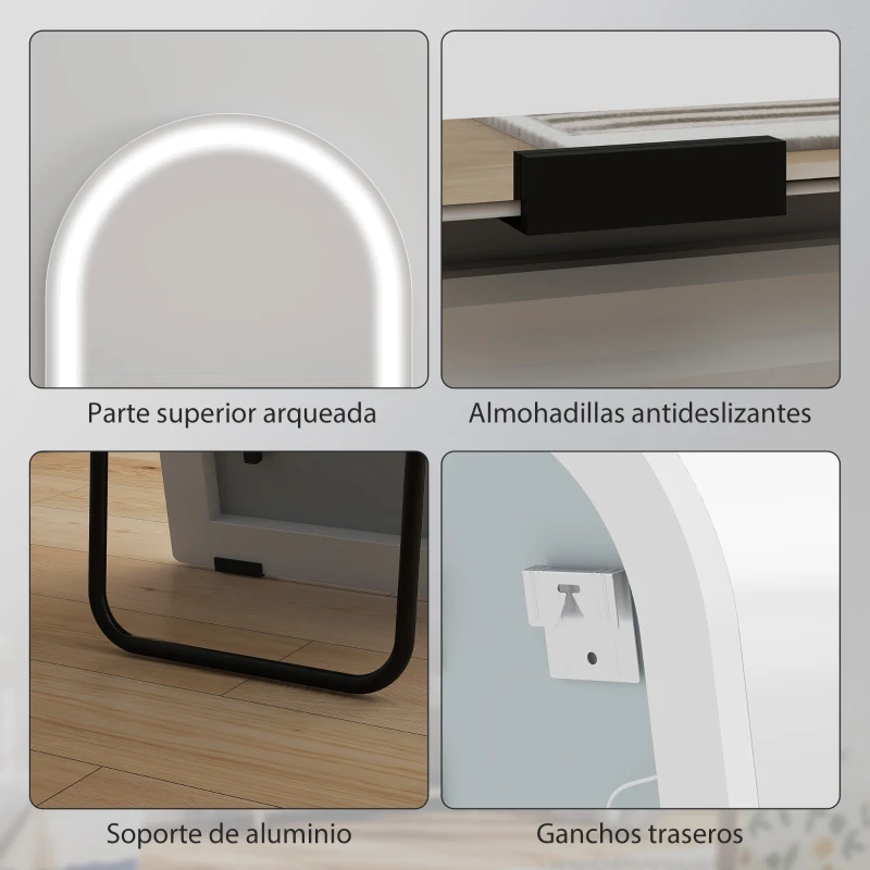 HOMCOM Espejo de Pie Cuerpo Entero con Luces 150x50cm Arqueado sin Marco 3 Temperaturas de Color Brillo Ajustable Transparente