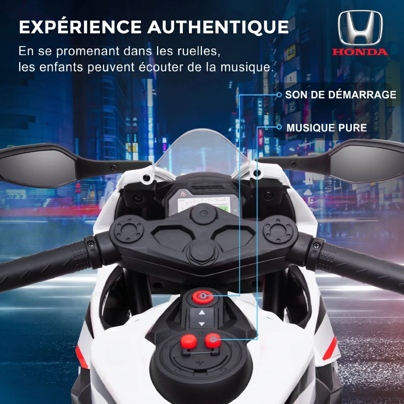 HOMCOM Moto Électrique Enfants sous Licence HONDA 6 V, 3 Km/h, Musique & Lumière, 2 Roues d'Entraînement, Blanc(m-5)