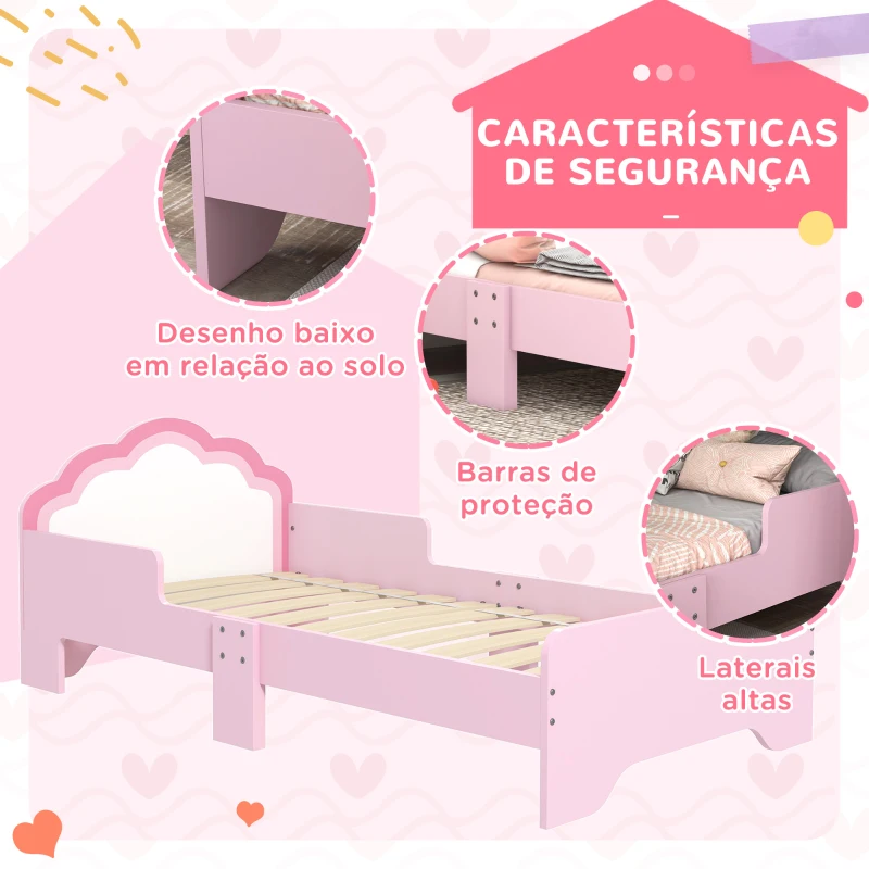 ZONEKIZ Cama para Crianças 70x140 cm com Barreira Antiqueda e Estrado Cama Infantil com Cabeceira em Forma de Nuvem Rosa