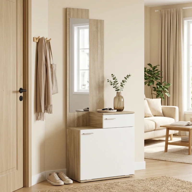 HOMCOM Recibidor de Entrada con Espejo Zapatero Abatible Cajón Mesa Pequeña 61x30x170 cm Blanco