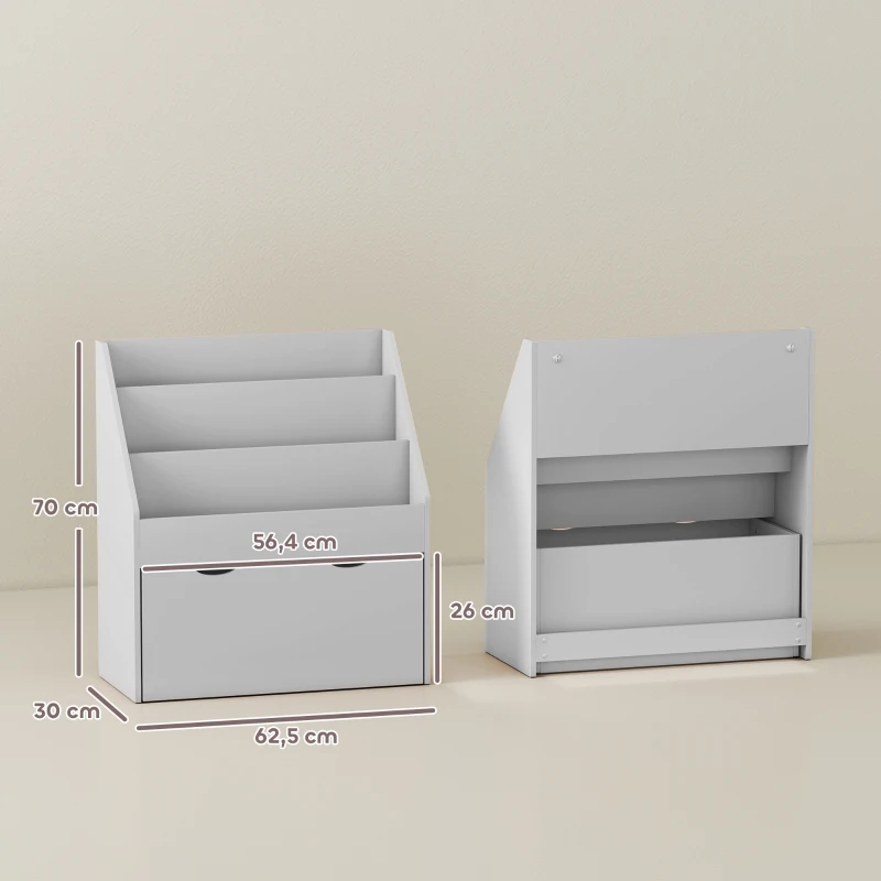AIYAPLAY Bibliothèque pour enfants Multi-Rangement avec 3 niveaux d'étagères et un tiroir, 62,5L x 30l x 70H cm, gris
