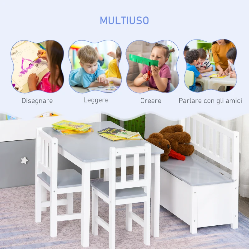 HOMCOM Set Tavolo per Bambini con 2 Sedie e Cassapanca in Legno per Cameretta, Bianco e Grigio