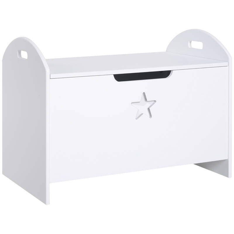 HOMCOM Spielzeugkiste aus Holz Sitzbank für Kinder Sitztruhe Aufbewahrungsbox für Kinderzimmer Bücher Spielzeug Spieltruhe für Kinder Sicherheitsscharnier Weiß 62 x 40 x 46,5 cm