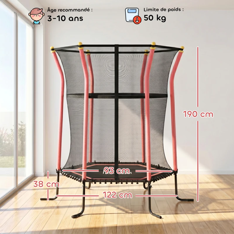 HOMCOM Trampoline pour enfant 1,22 x 1,11 x 1,9 m filet de sécurité porte zippée 6 poteaux rembourrés inclus rouge noir
