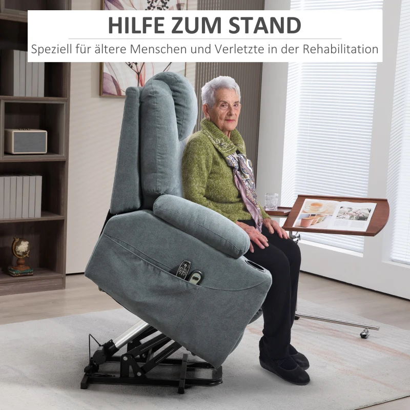 HOMCOM Massagestoel met opsta-hulp seniorenstoel, 8 massagepunten, zijvakken, afstandsbediening, 90L x 101B x 107 cm, grijs