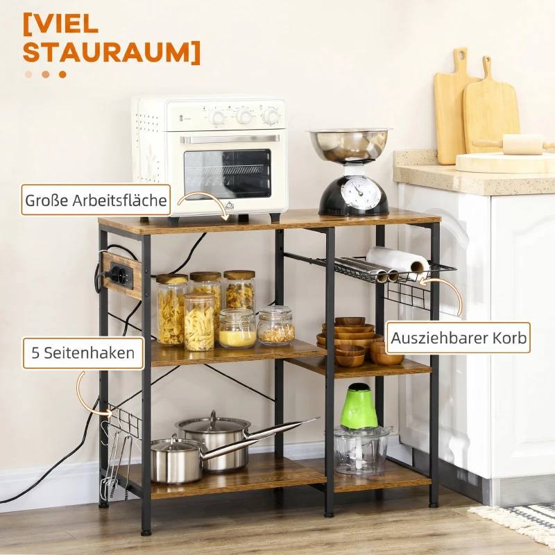 HOMCOM Dulap de bucătărie cu 3 rafturi din PAL, priză electrică, port USB și coș, 90x40x83cm