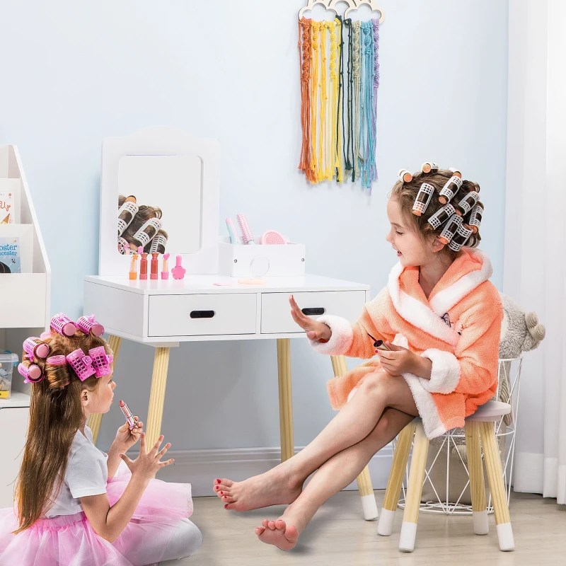 ZONEKIZ Set Toeletta per Bambini con Tavolo Trucco e Sgabello, Specchio e 2 Cassetti, Bianco e Colore Legno