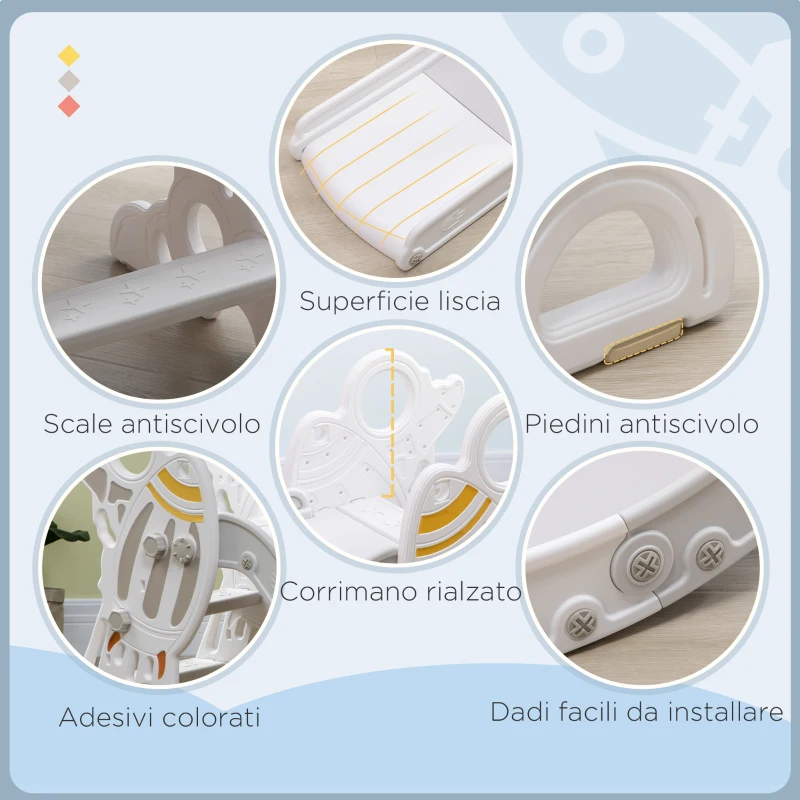AIYAPLAY Scivolo per Bambini 18-36 Mesi in PE e PP a Tema Spaziale con Scale Antiscivolo, 157x46.5x80 cm, Grigio e Bianco