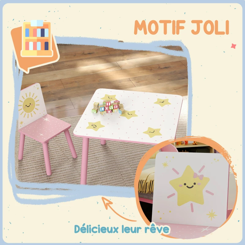 AIYAPLAY Table enfant avec chaise, ensemble table et 2 chaises enfant en bois, motifs d'étoile, 60 x 60 x 44 cm, rose