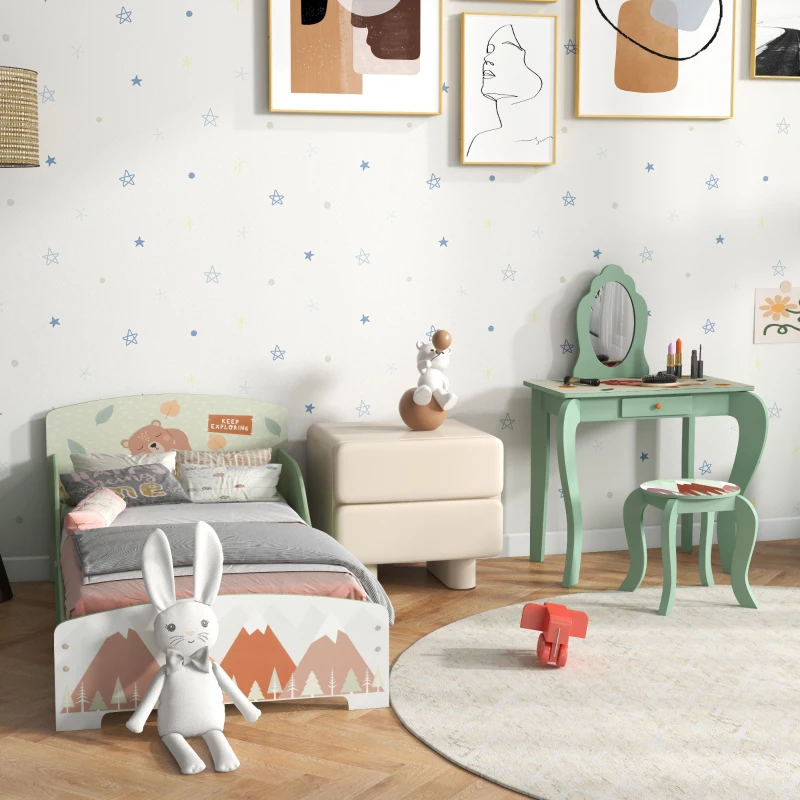 ZONEKIZ Toddler Bed Frame, Kids Dressing Table with Mirror and Stool, Cute Animal Design Kids Bedroom Furniture Set for Ages 3-6 Years, Green