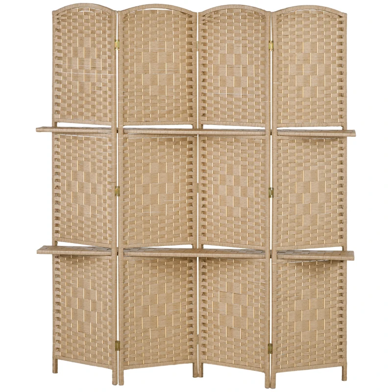 HOMCOM 4-teiliger Paravent, 160 x 170 cm, faltbare Trennwand mit 2 Regalen, Naturholz