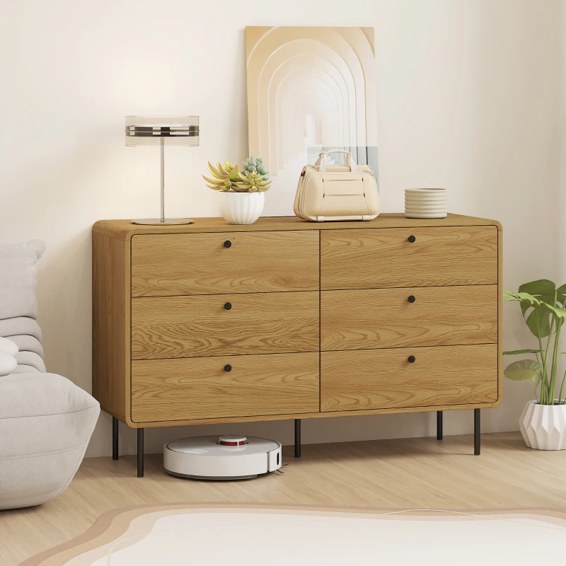 HOMCOM Commode 6 tiroirs meuble de rangement style moderne coins arrondis et pieds en acier 120 x 40 x 75cm effet bois de chêne