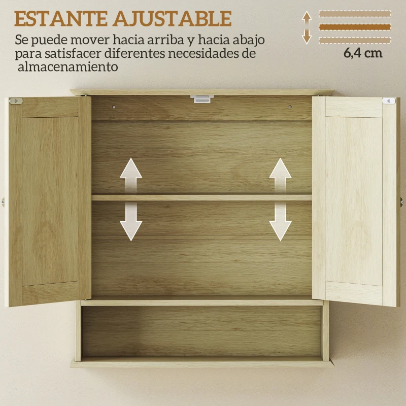 kleankin Armario de Baño con Espejo Armario de Pared con 2 Puertas Estante Abierto Estante Ajustable 56x13x58cm Natural