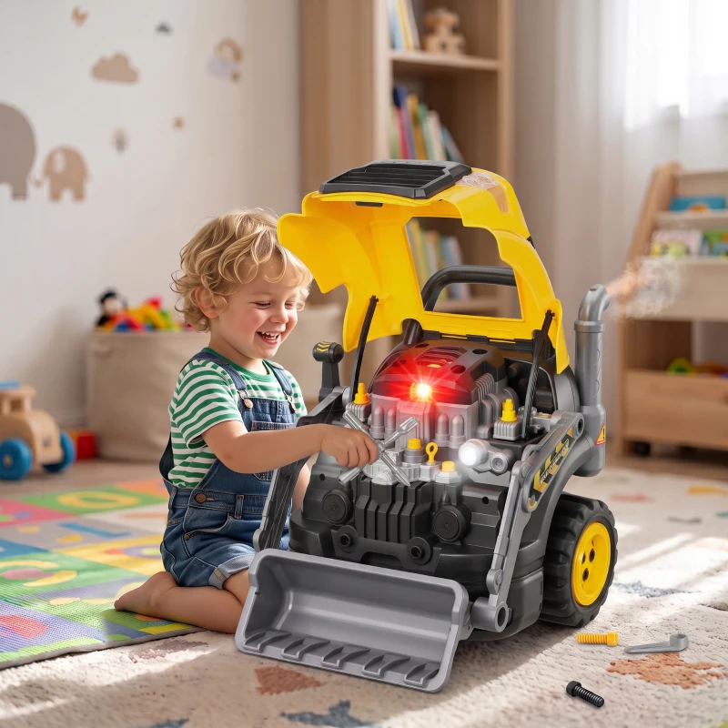 AIYAPLAY Jouet Moteur de Camion et Pelle pour Enfants, Camion Mécano, Volant, Effet de Brume, Sonores et Lumineux, 3-6 Ans, Jaune