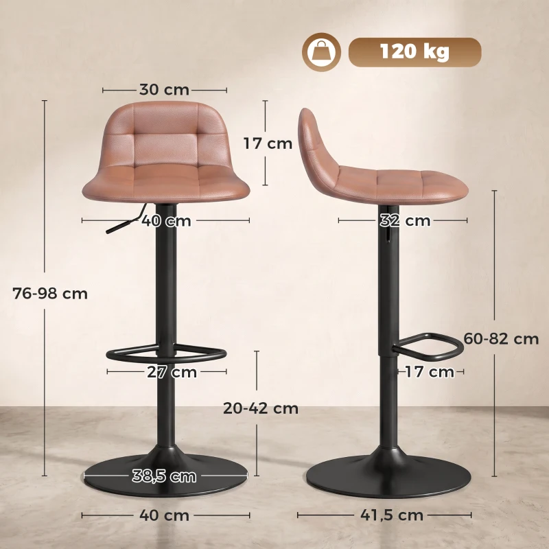 HOMCOM Juego de 2 Taburetes Altos de Cocina Giratorios 360° Regulables en Altura con Reposapiés Tapizados en Cuero Sintético