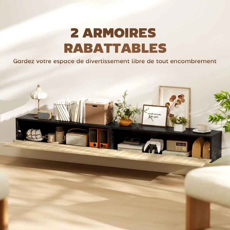 HOMCOM Meuble TV suspendu 140cm, meuble télé pour téléviseur 72 pouces, 2 portes rabattables, 140x25x22cm, bois naturel et noir