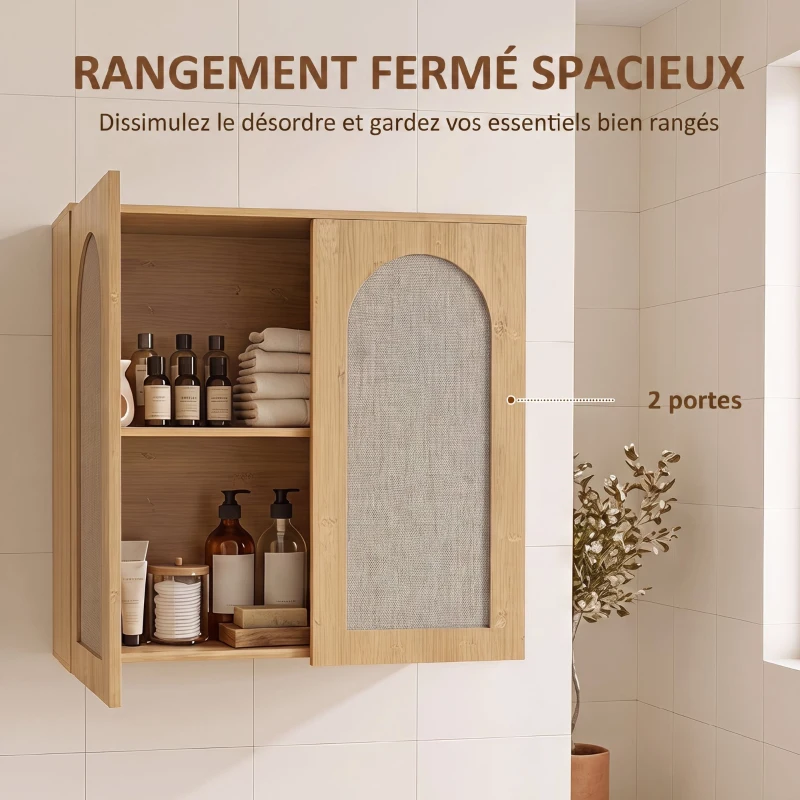 HOMCOM Armoire murale de salle de bain bohème avec 2 portes effet rotin à fermeture douce et étagère réglable, chêne