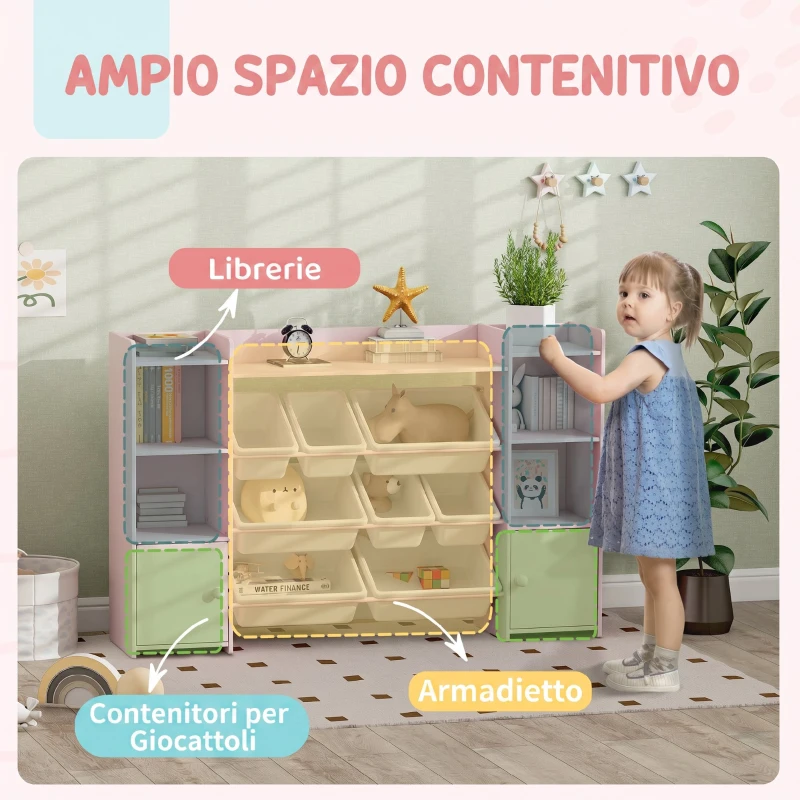 AIYAPLAY Scaffale Portagiochi per Bambini con 8 Contenitori Rimovibili e Armadietti, 140x30x90 cm, Rosa