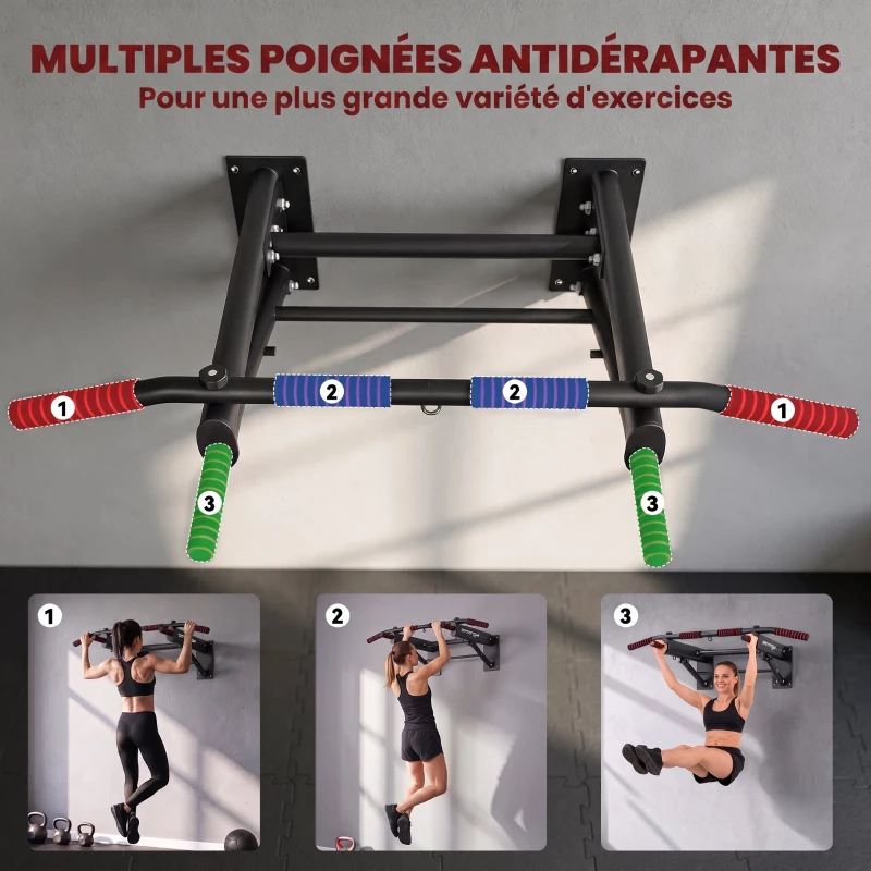 SPORTNOW Barre de Traction Murale Pliable avec Poignées Antidérapantes, 3 Crochets pour Bandes de Résistance, 98x65x31cm, Noir
