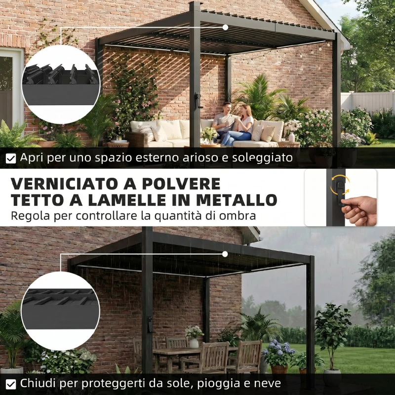 Outsunny Pergola Gazebo 3x3 m con Luci LED Solari e Tetto a Lamelle, in Metallo, Nero
