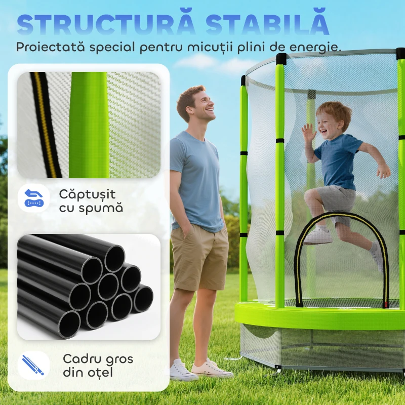 AIYAPLAY Trambulină Elastică pentru Copii Ø140 cm cu Plasă de Siguranță și Desene, Vârstă 3-6 Ani, Verde