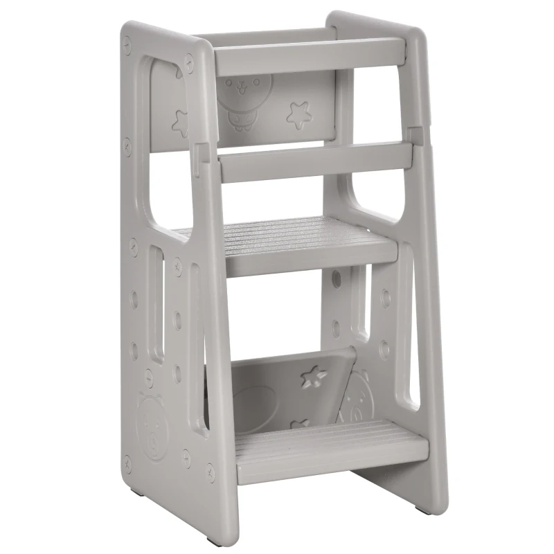 HOMCOM Torre de Aprendizaje para Niños Taburete Infantil con Altura Ajustable en 3 Posiciones para Cocina Baño 47x47x90 cm Gris