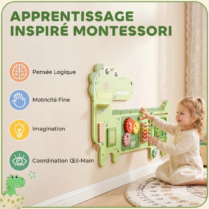 AIYAPLAY Busy Board Jouet, Tableau d'Activités Murale Dinosaure, Planche Motricité Bébé Educatif pour Garcon Fille 2+ Ans, Vert