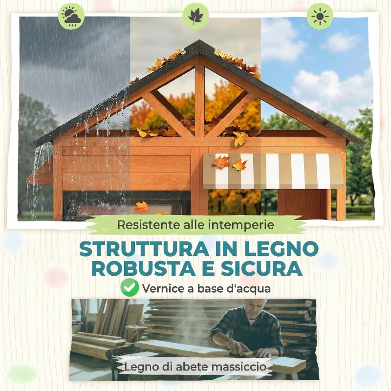 AIYAPLAY Casetta da Giardino per Bambini in Legno di Abete con Snack Bar, Finestre, Mezza Porta, Panca e Tetto Marrone