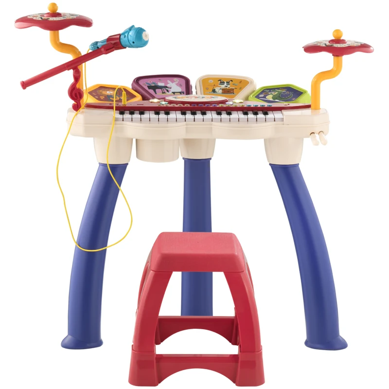 AIYAPLAY Pianină pentru Copii 3-6 Ani cu Scaun, Microfon, Tobă și Bețe, din PP și ABS, 74x32,2x71 cm
