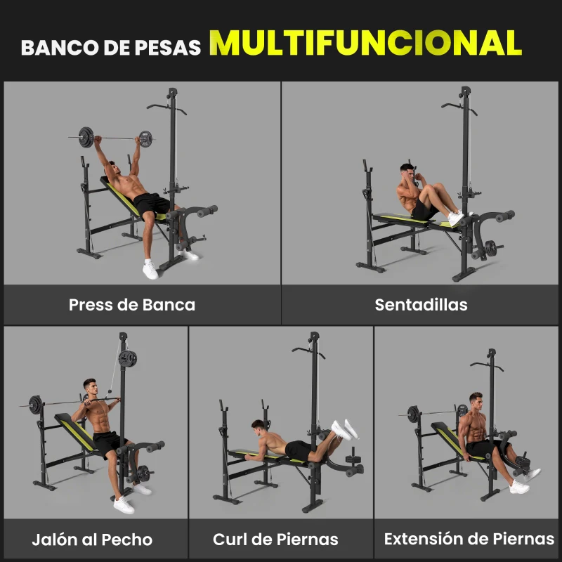 HOMCOM Banco de Pesas Multifuncional con Entrenador de Polea Banco de Musculación Reclinable con Altura Ajustable para Fitness Entrenamiento Completo en Gimnasio y Casa Carga 300 kg Negro