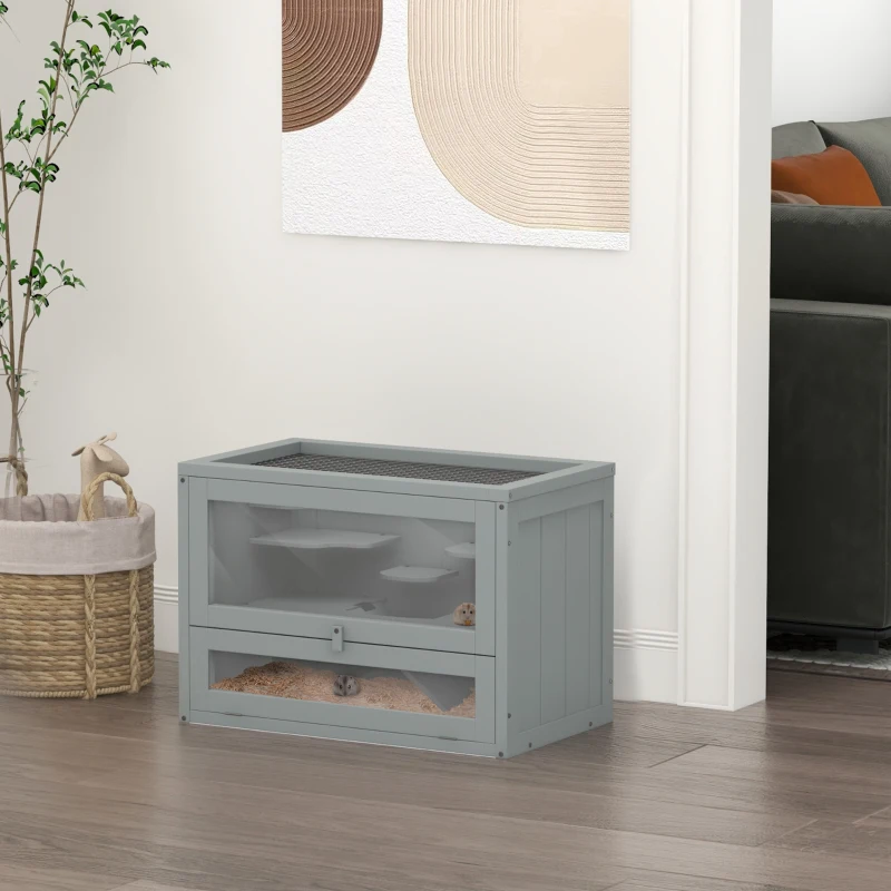 PawHut Cage pour hamsters souris petits rongeurs multi-équipements rampe plateformes toit ouvrant grillagé 60 x 35 x 42 cm gris