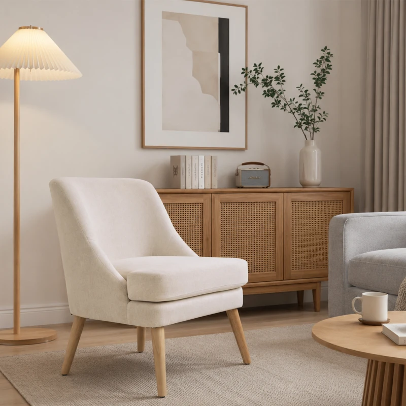 HOMCOM Fauteuil Scandinave Confortable pour Salon et Chambre, Pieds en Bois Massif, Revêtement en Tissu Lin, Beige