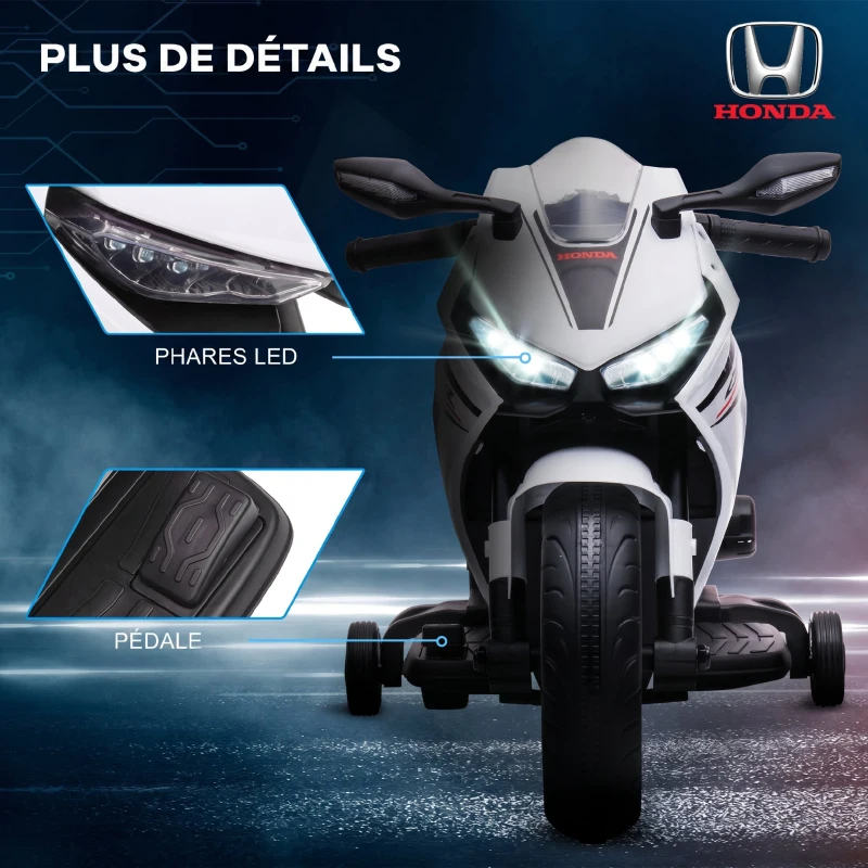 HOMCOM Moto Électrique Enfants sous Licence HONDA 6 V, 3 Km/h, Musique & Lumière, 2 Roues d'Entraînement, Blanc(m-7)
