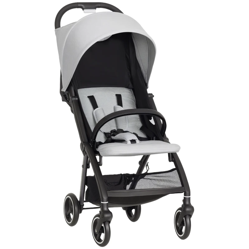 AIYAPLAY Travel Stroller, Lightweight Pushchair, Compact Buggy with Canopy, Basket and Multi-Position Recline, Light Grey