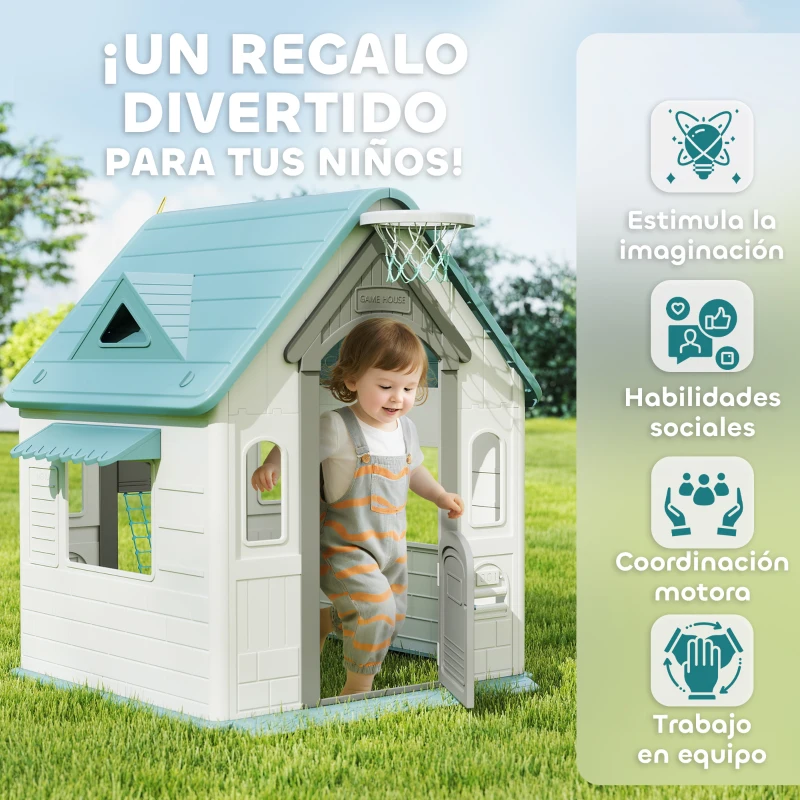 AIYAPLAY Casita Infantil Exterior e Interior 5 en 1 con Lanzamiento de Aros Baloncesto Fútbol Dardos para Niños +2 Años Beige