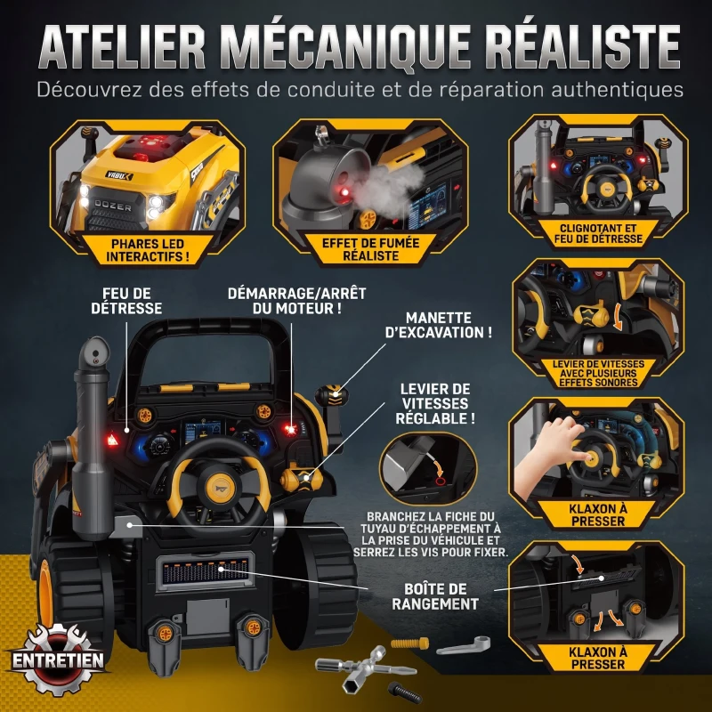 AIYAPLAY Jouet Moteur de Camion et Pelle pour Enfants, Camion Mécano, Volant, Effet de Brume, Sonores et Lumineux, 3-6 Ans, Jaune