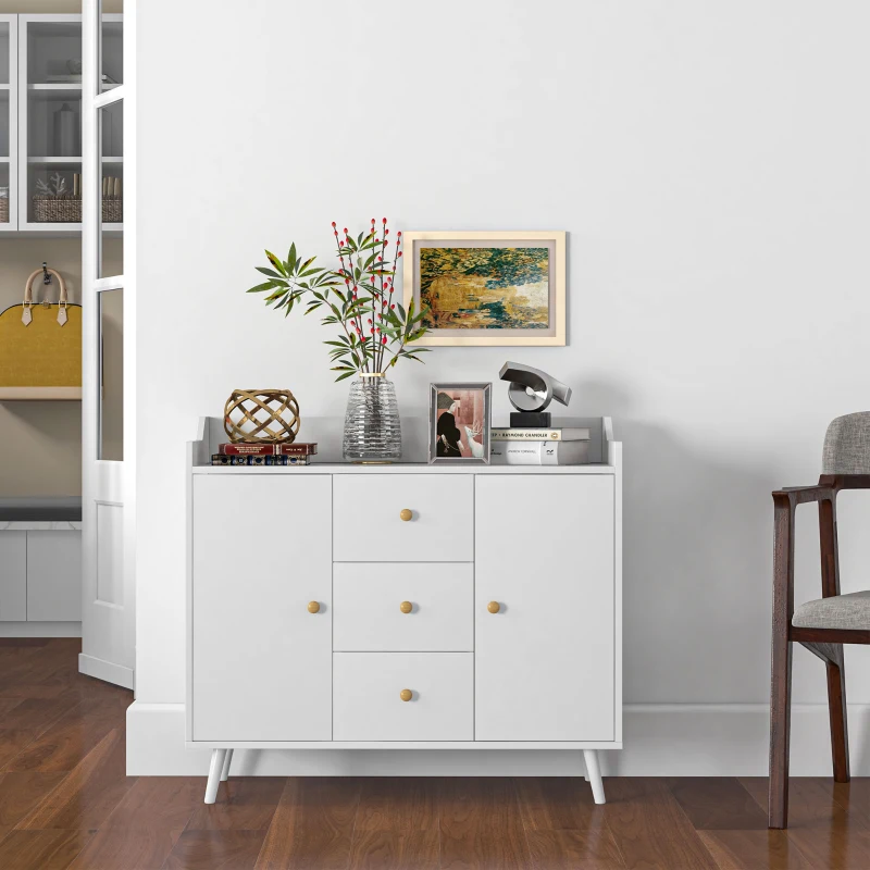 HOMCOM Buffet, meuble de rangement avec 2 portes, 3 tiroirs et pieds en bois massif, style moderne, 90 x 32 x 80 cm, blanc