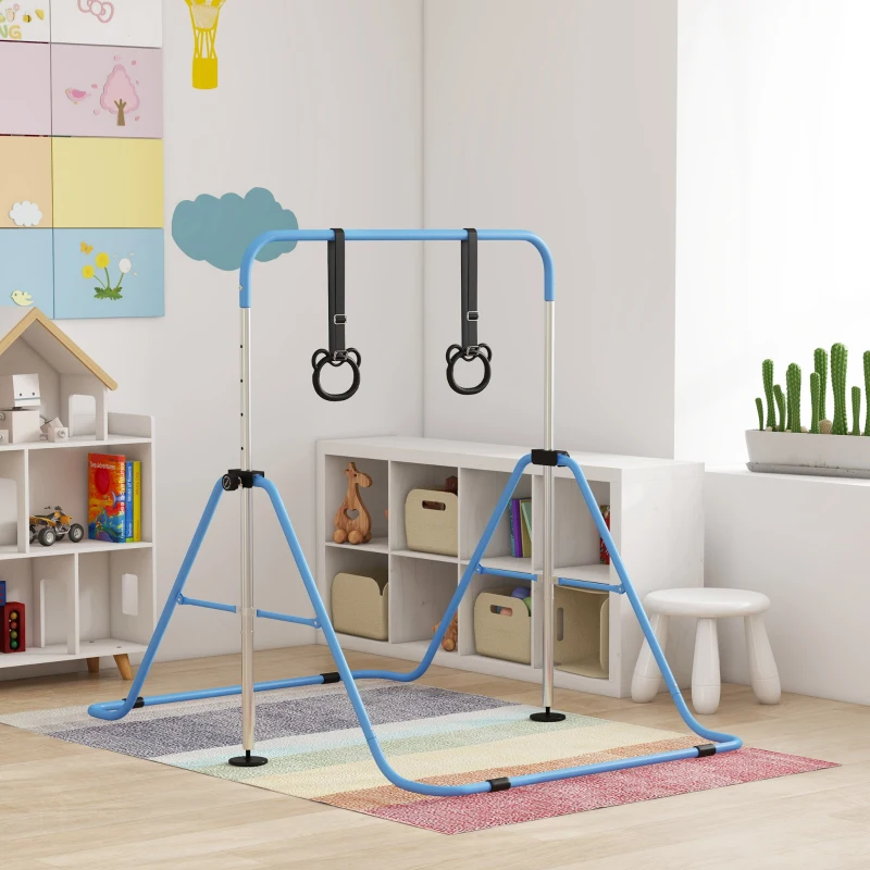 HOMCOM Barre de gymnastique pour enfants, barre horizontale pliable à hauteur réglable avec anneaux de gymnastique, bleu