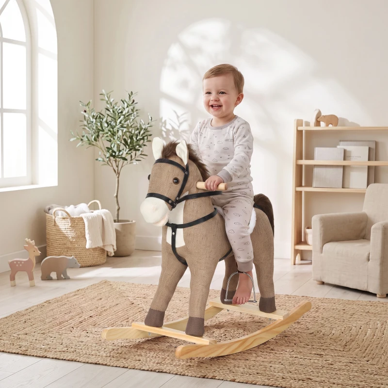 AIYAPLAY Caballo Balancín con Sonidos y Asas de Seguridad Base de Madera para Niños de 12 a 36 Meses Marrón Oscuro