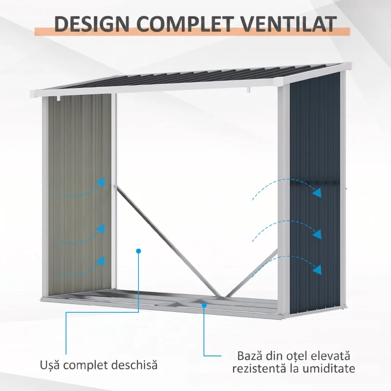 Outsunny Suport exterior pentru lemne, din oțel galvanizat, cu bază înălțată și acoperiș înclinat, 1,34 m², gri închis