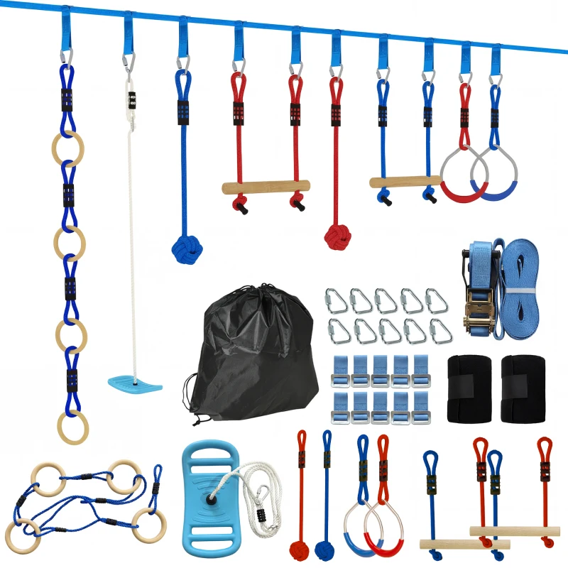 AIYAPLAY Parcours d'obstacles Ninja pour enfants 10 M kit de tyrolienne complet charge 100 kg, installation facile, multicolore