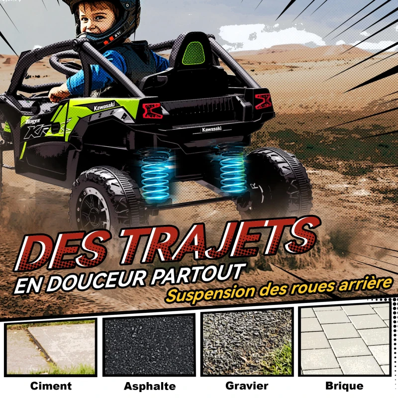 AIYAPLAY Voiture électrique enfant UTV KAWASAKI TERYX KRX 1000 12 V à 2 moteurs 25 W télécommande 2,4 Ghz 100 x 64 x 56 cm noir