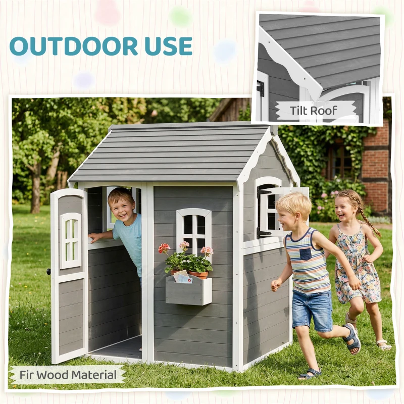 Outsunny Wooden Playhouse for Kids with Doors, Windows, Plant Box, Floors, for Ages 3-8 Years, for Gardens, Lawns, Patios - Grey