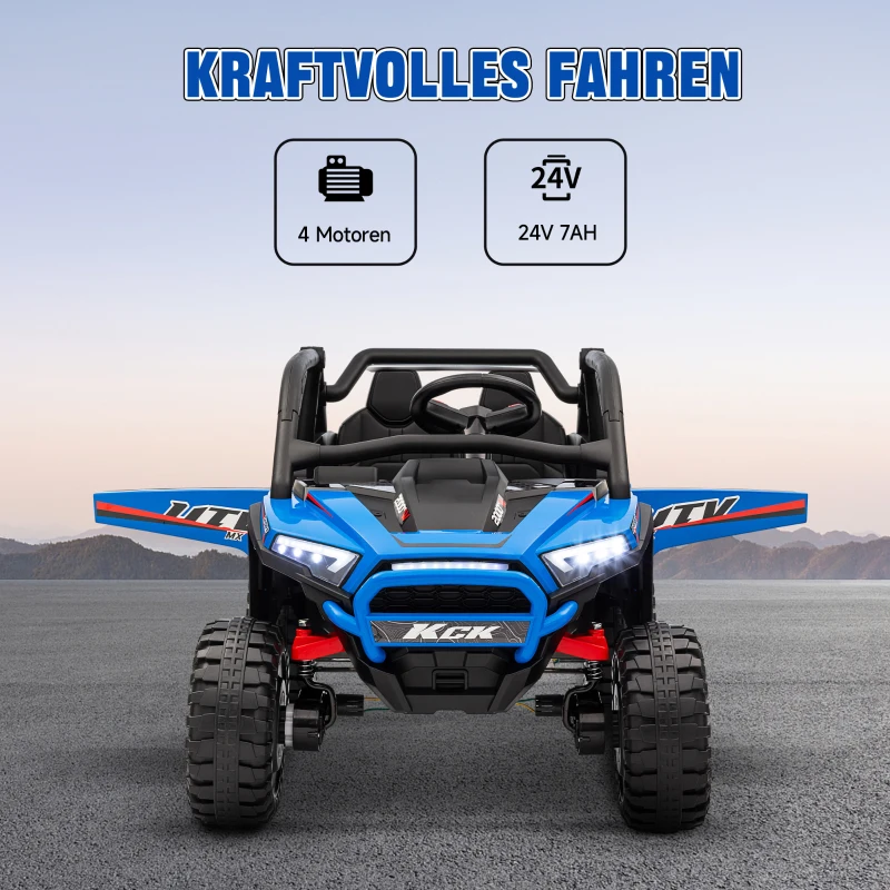 AIYAPLAY Elektrische Kinderauto 24V UTV met 2,4 GHz afstandsbediening, 4 motoren, kinderwagen met claxon, muziek, koplampen, elektrisch voertuig voor kinderen van 3-8 jaar, blauw